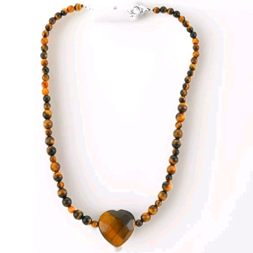 Tigers Eye Heart Pendant Necklace Beaded